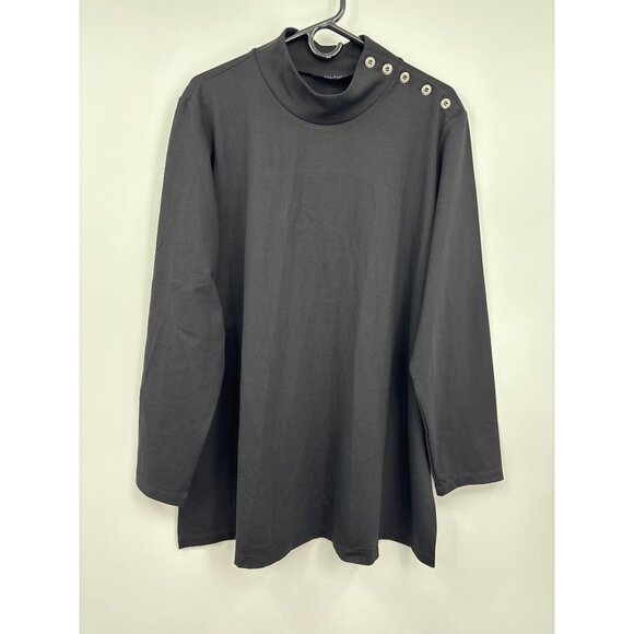Susan Graver Everyday Mock Neck Button Shoulder Long Sleeve Stretch Top Black 2X - Picture 1 of 6